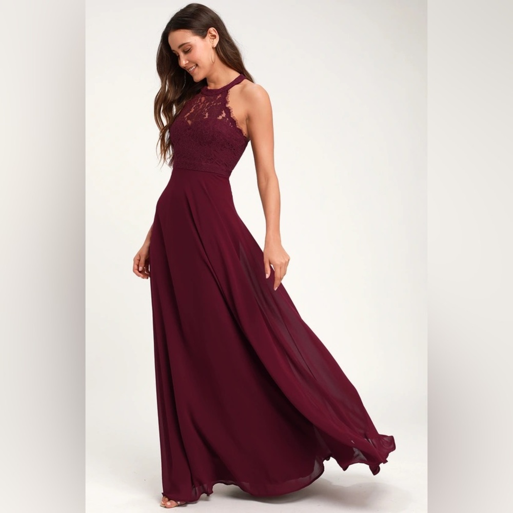 NWOT Lulu’s Dance All Evening Burgundy Lace Maxi Dress Sz Small